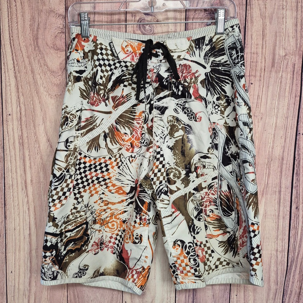 Fox‎ Riders Co Mens Board Shorts Skull Checkerboard Graphic Swim Trunks Small